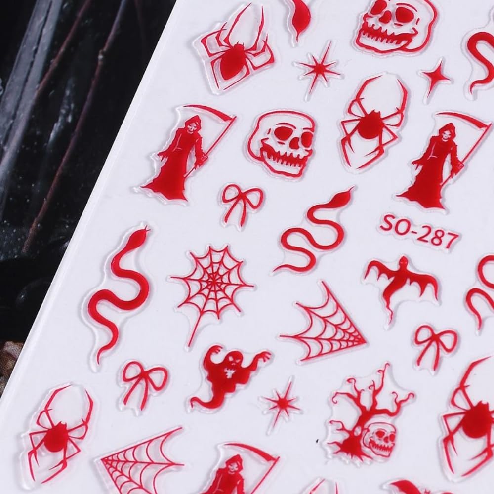 2 Sheets Halloween Nail Stickers Black Red Snake Nail Designs Self-Adhesive Spider Web Nail Decals Cute Bow Nail Art Stickers Skeleton Sticker Manicure Accessories for Women Girls DIY Acrylic Nails