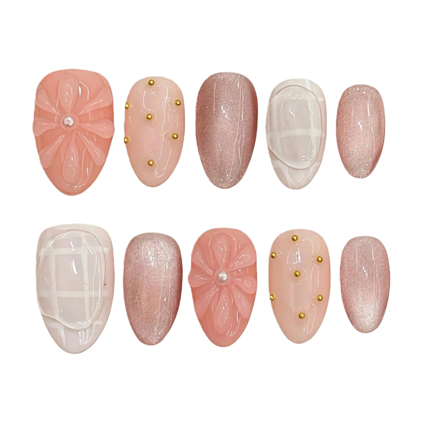 Tesytto Nude Pink Press on Nails Short Almond Cat Eye Fake Nails with 3D Sleek Water Drop Design Glossy Finish Glitter Full Cover Acrylic Nails (Ice Flowers,S)