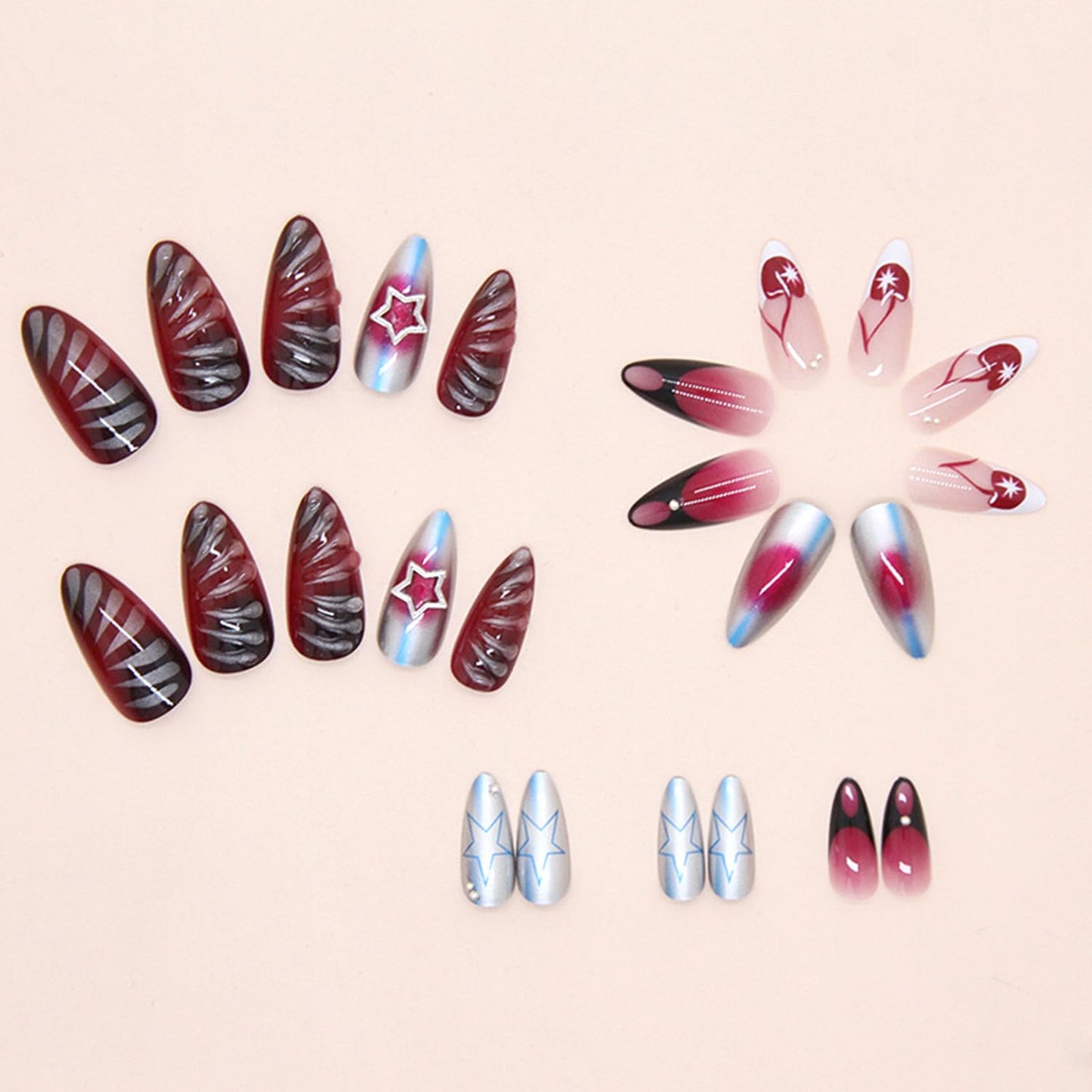 3D Star Charms Press on Nails Blush Gradient Fake Nails with French Tip Design Long Almond Full Cover False Nail for Women
