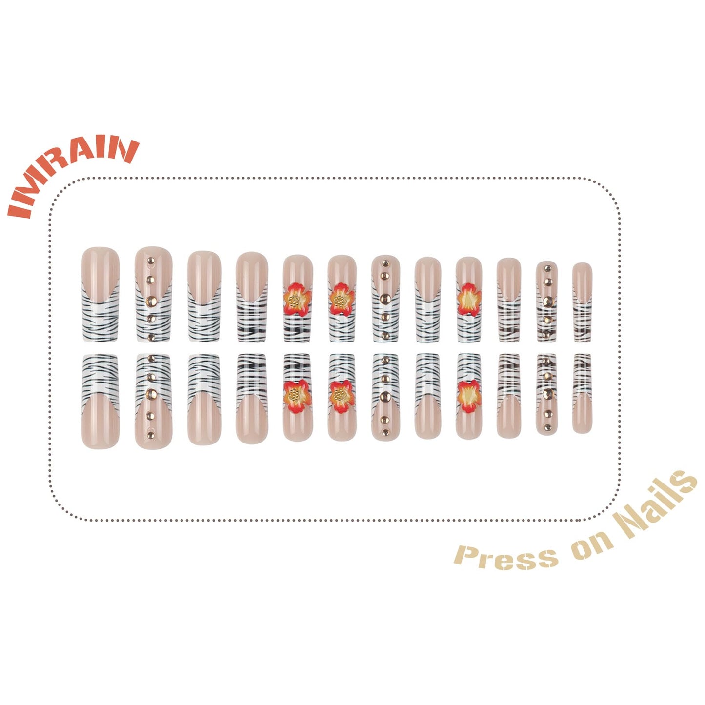 IMRAIN Long Press on Nails Square Fake Nails Zebra Stripes French Tips False Nails with Orange 3D Flower Designs Full Cover Glossy Acrylic Gel Handmade Glue on Nails for Women