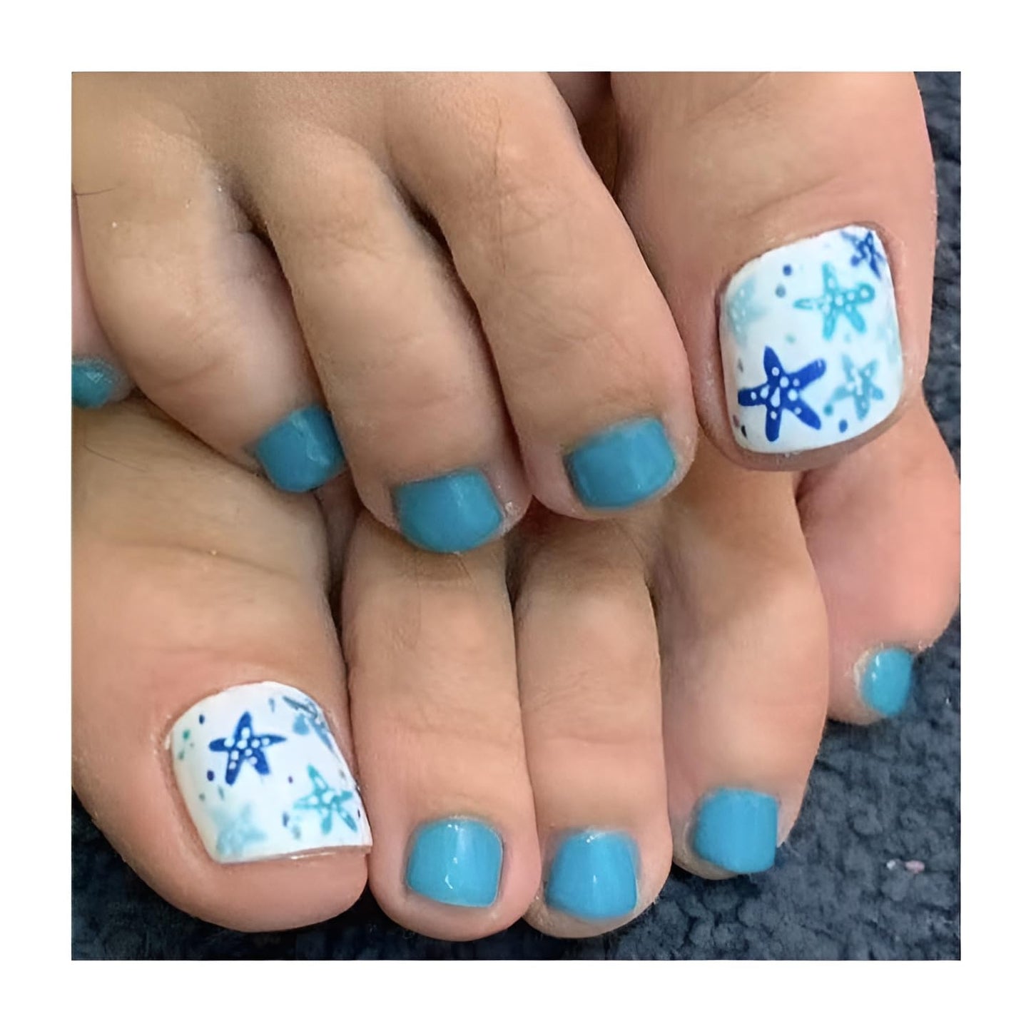 Summer Press on Toenails Short Square Fake Toe Nails Starfish False Toenails Blue Toenail Press Ons Glossy Stick on Toenail Acrylic Full Cover Glue on Toe Nail for Women Decorations Set 24Pcs