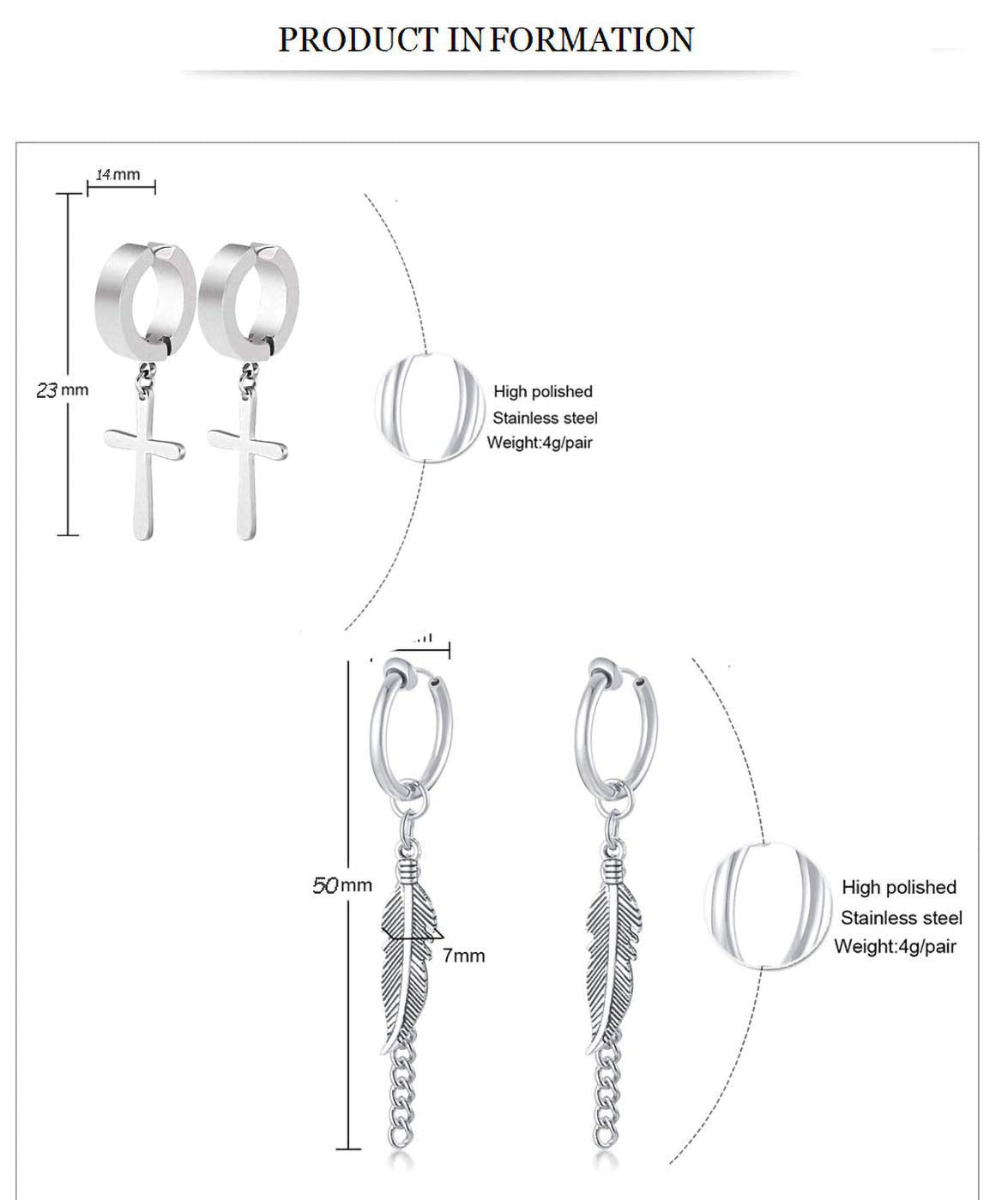 WAINIS 12 Pairs Stainless Steel Non Pierced Earrings for Men Women Magnet CZ Clip on Feather Dangle Earrings Set 8mm