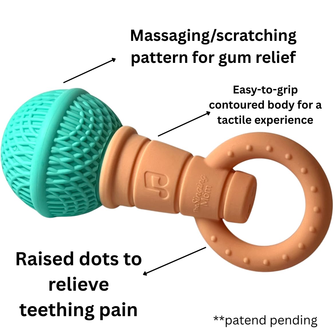 Microphone-Shaped Silicone Baby Teether - BPA Free, with Rattle, Musical/Singing Toy, Dishwasher & Freezer Safe, Easy-to-Grip Teething Shaker Toy for Newborns, Infants, Toddlers. (Teal Peach)