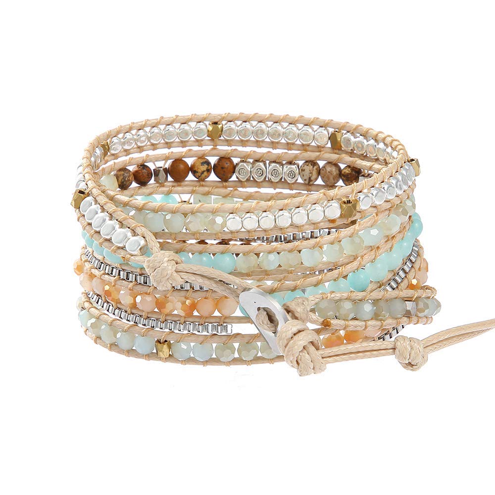Plumiss Women Boho 5 Wraps Handmade Beaded Statement Stainless Steel Box Chain Bracelet Jewelry