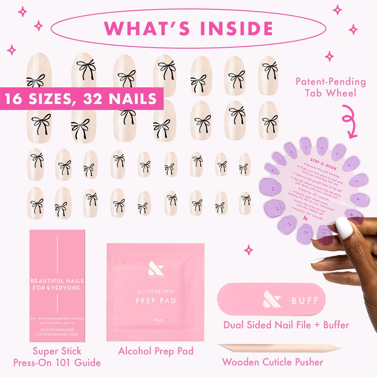 Olive & June Classic Super Stick Mani Press On Nails | No Glue Needed | 32 Tab Nails 16 Sizes | Non-Toxic Tabs Easy On-Off Non-Damaging Realist Look | 7-Day Wear | Short, Round| Dainty Bows