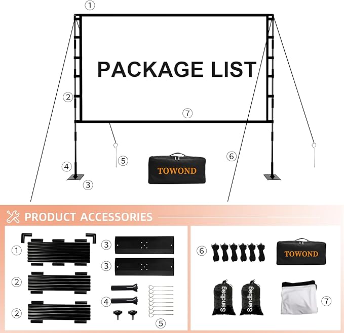 TOWOND Projector Screen and Stand, 120 inch Outdoor Projector Screen Indoor, Portable Movie Screen 16:9 4K Front Rear Projection Screen with Carry Bag Wrinkle-Free Design for Home Backyard Theater