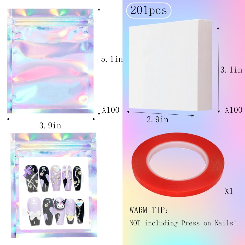 213 Pcs Empty Holographic Nail Storage Bag Press on Nail Packaging Bag with 1 Roll Transparent Tape and 12 Sheets Double Sided Nail Tape for Nail Art Display Salon Supplies