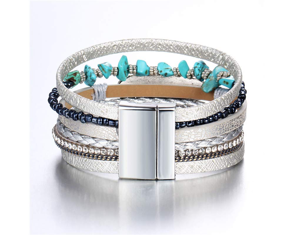Fesciory Leopard Bracelet for Women, Boho Leather Wrap Multi-Layer Pearl Crystal Bracelet Bangle Jewelry(Turquoise Feather)
