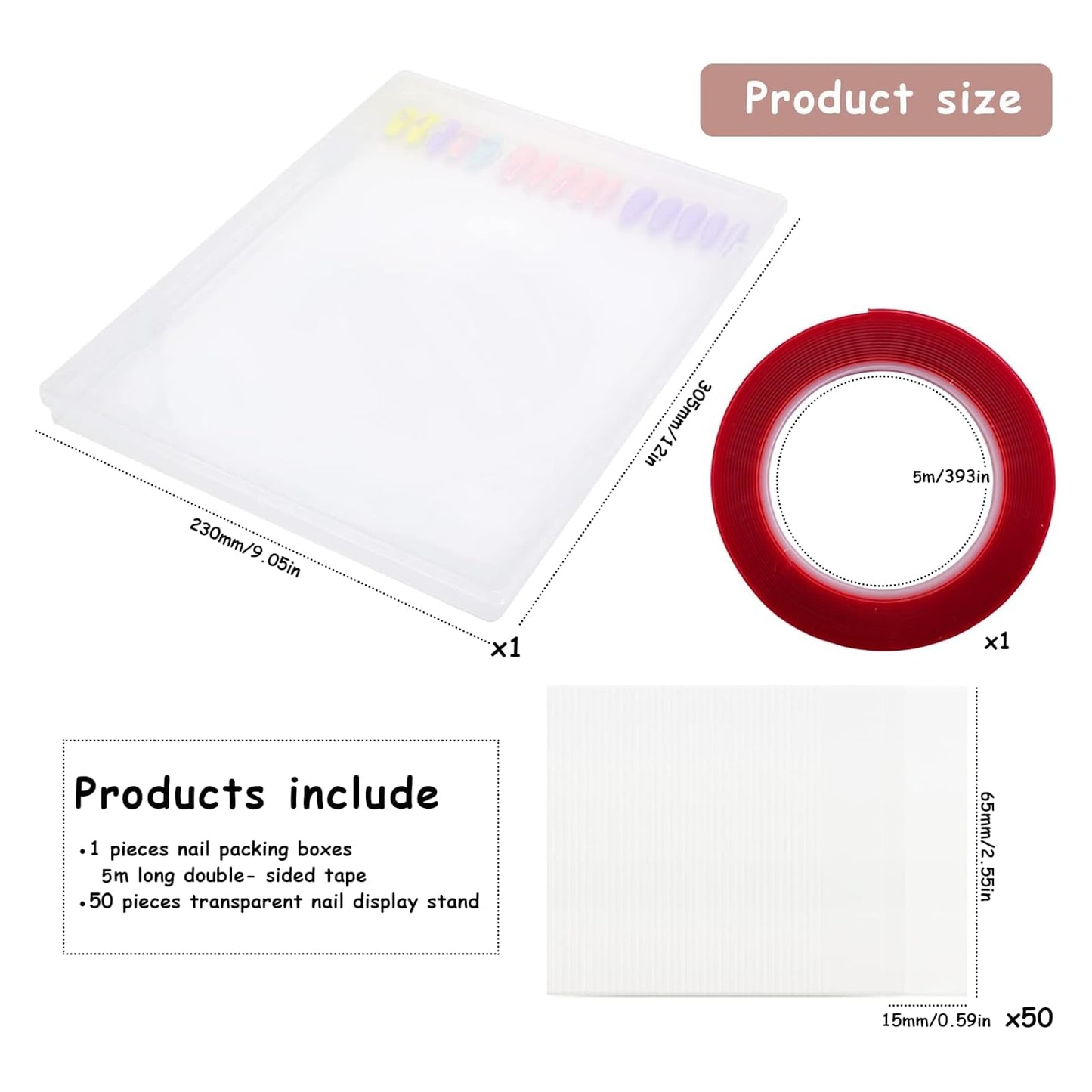 Large Clear Press on Nails Storage Box, Empty Press on Nails Packaging Box Set with Double-sided Adhesive Tape and 50 Arcylic Nail Display Stand Can Be Used to Store and Store Personal Items