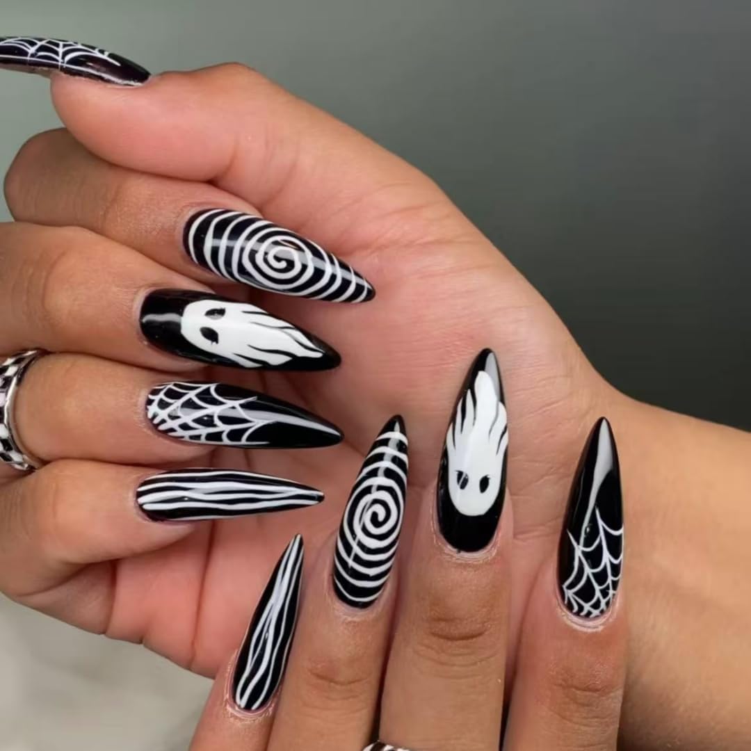 Handmade Press on Nails Halloween Horror Ghost Press on Nails Long Pointed Fake Nails Black White Stripe Spider Web Art Designs Full Cover Glue on Nails Glossy Reusable False Nails 10Pcs (MT-147-L)