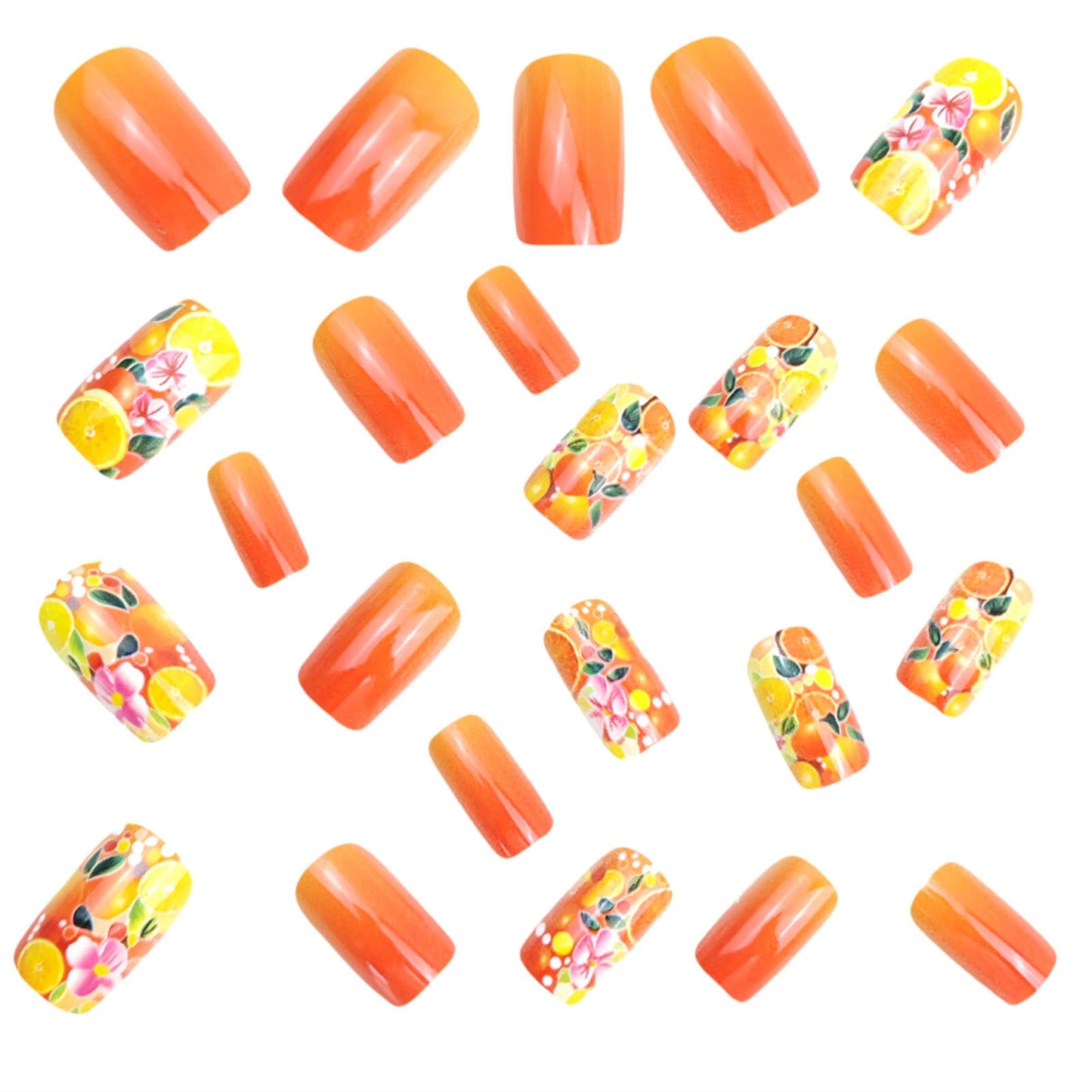 Medium Press on Nails Square Fake Nails with Pink Flower Green Leaves Designs Glossy Nails Press ons Orange Full Cover Glue on Nails Cute Acrylic Nails Artificial Stick on Nails for Women 24Pcs