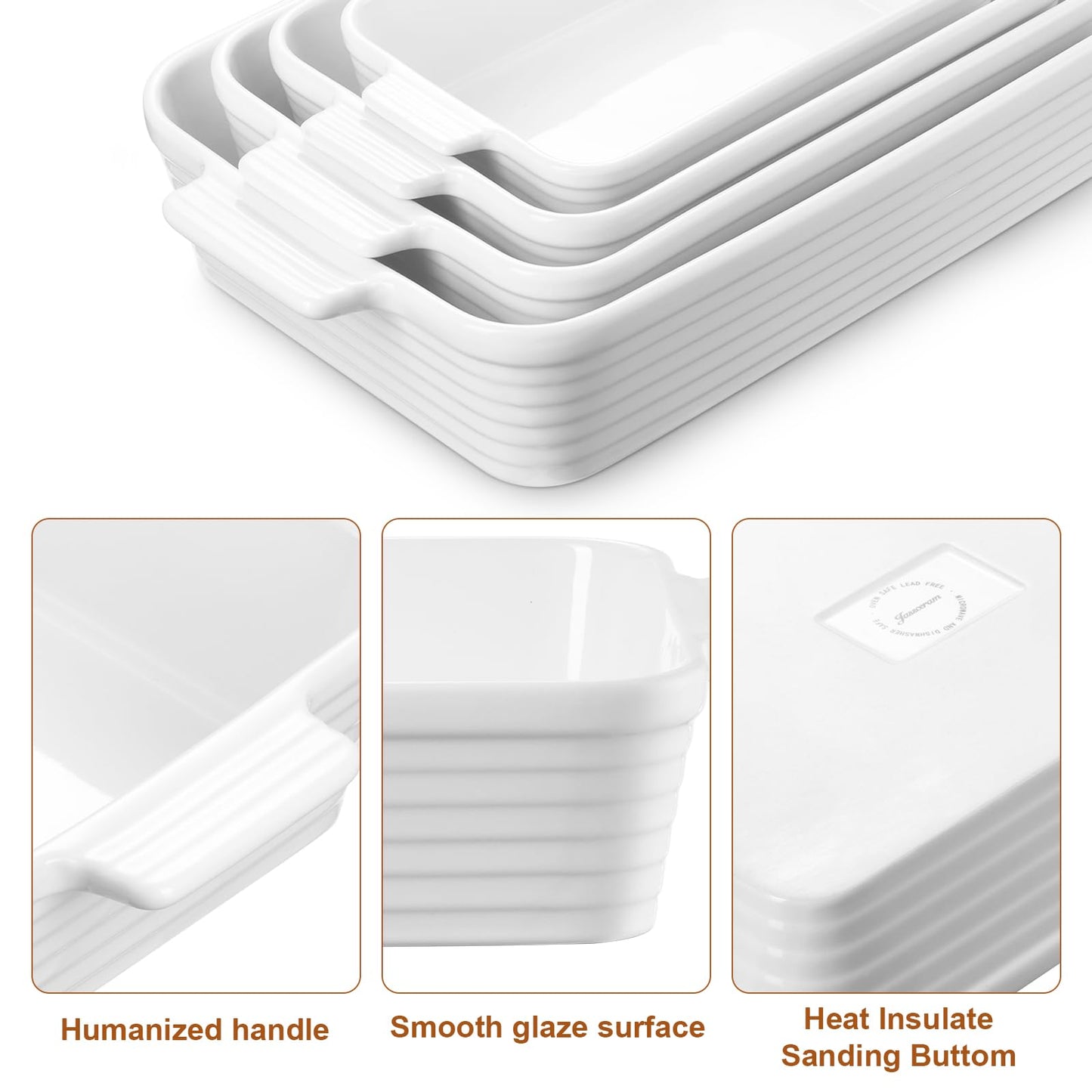 Jassceram Casserole Dishes for Oven, Porcelain Baking Dishes Set of 4, Rectangular Ceramic Casserole Dish with Handles, Deep Lasagna Pan for Kitchen Baking, 9.6" to 15.2", Nesting Design, White