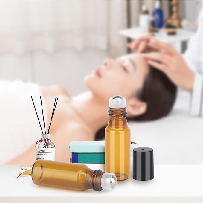200 Pack Essential Oil Roller Bottles, Amber Glass Roller Bottles 5ml, Roller Balls for Essential Oils, Roll on Bottles (768 Pieces Labels, 32 Funnels, 32 Dropper, 16 Opener)