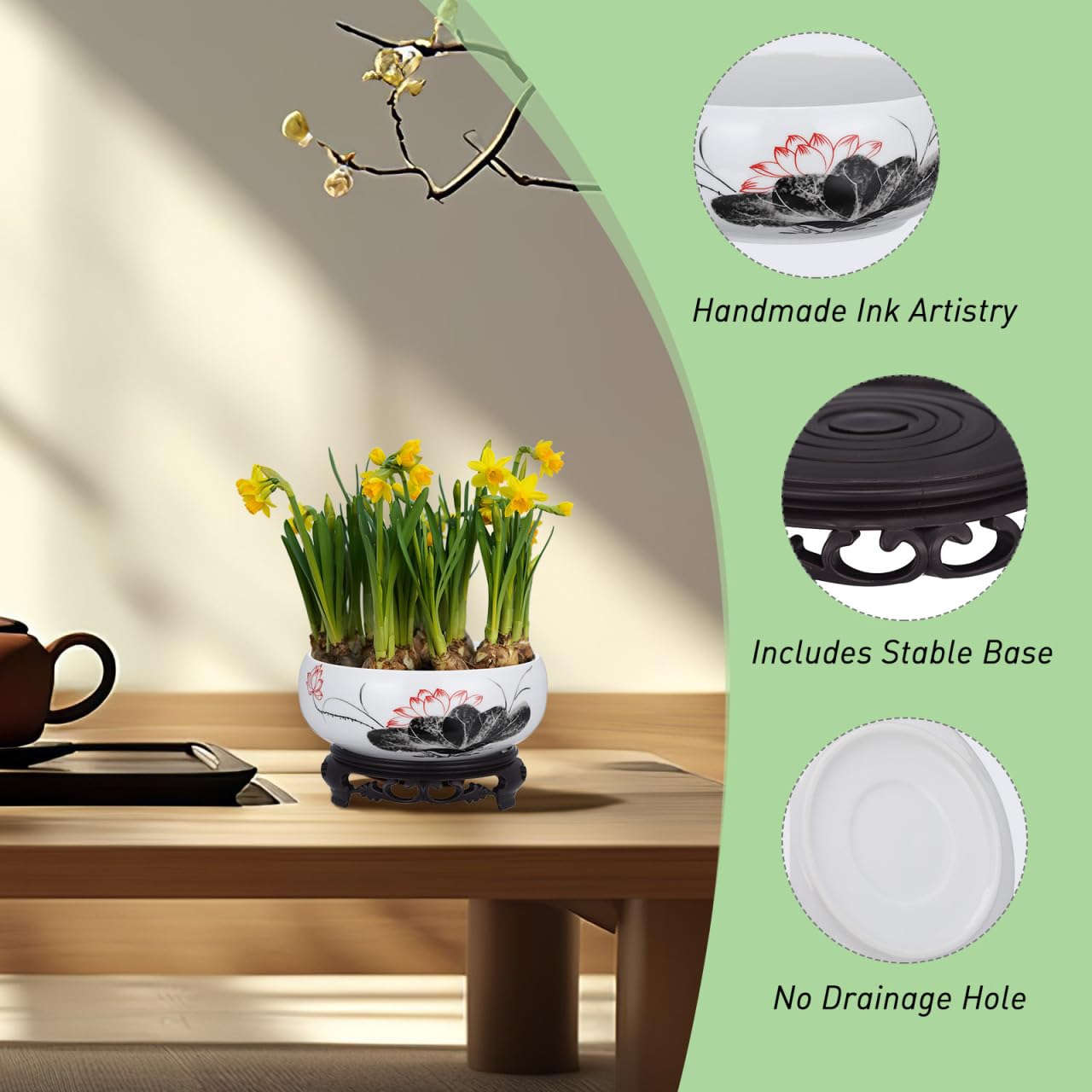 Homoyoyo Plant Container Bowl Ceramic Succulent Pots Decorative Glazed Shallow Succulent Planter with Base Stand for Home Desk Decor
