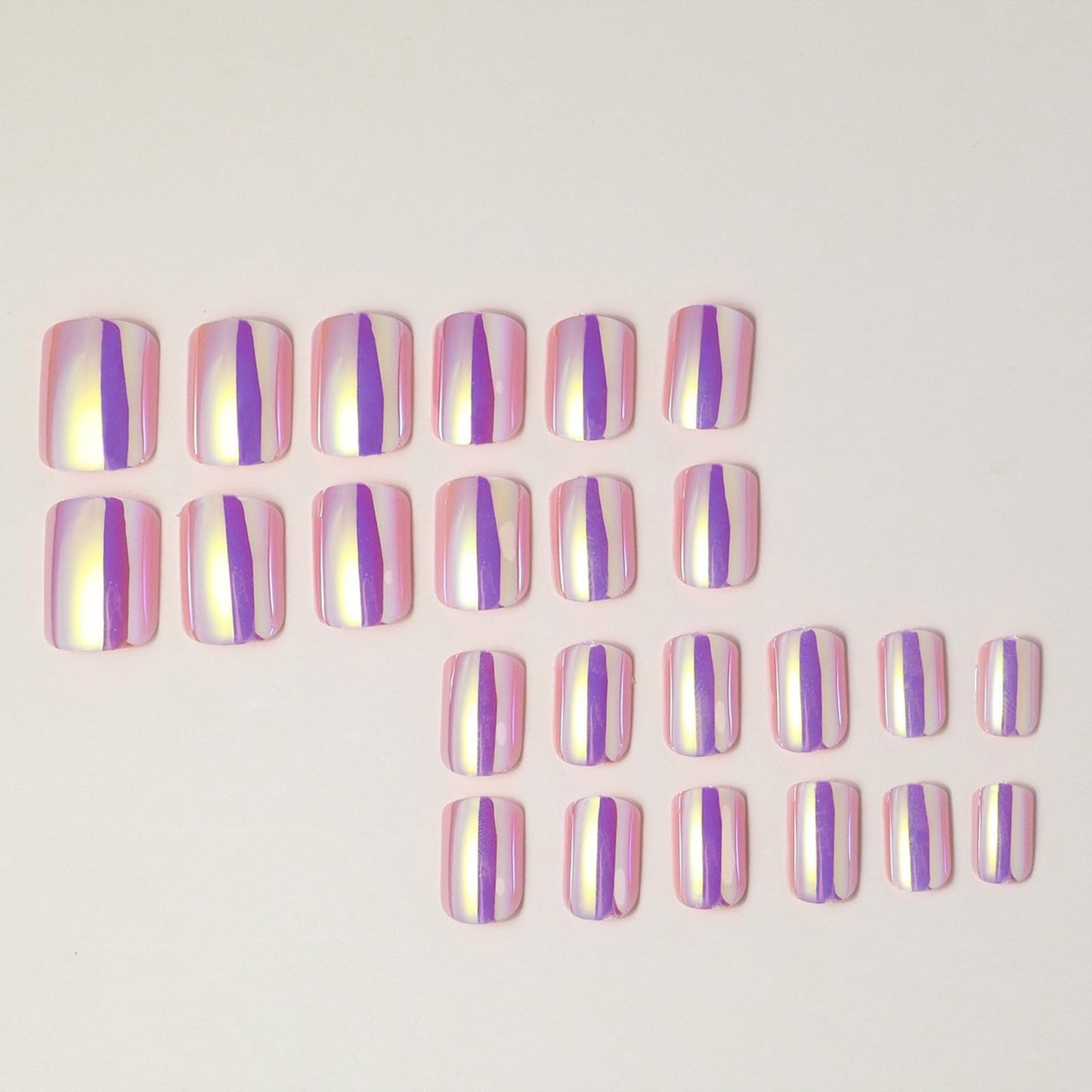 IMSOHOT Pink Laser Press on Nails Short Square Fake Nails Glossy Aurora Full Cover Cute Squoval Acrylic False Nails Chrome Suqoval Stick on Nails for Women Girls 24Pcs