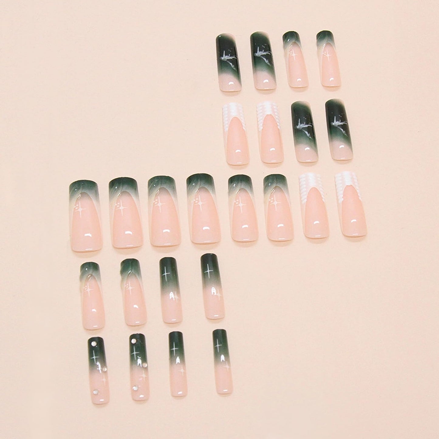 MISUD Press on Nails - Long Square Fake Nails with Dark Green, Acrylic Ombre French Tip Design 24 pcs