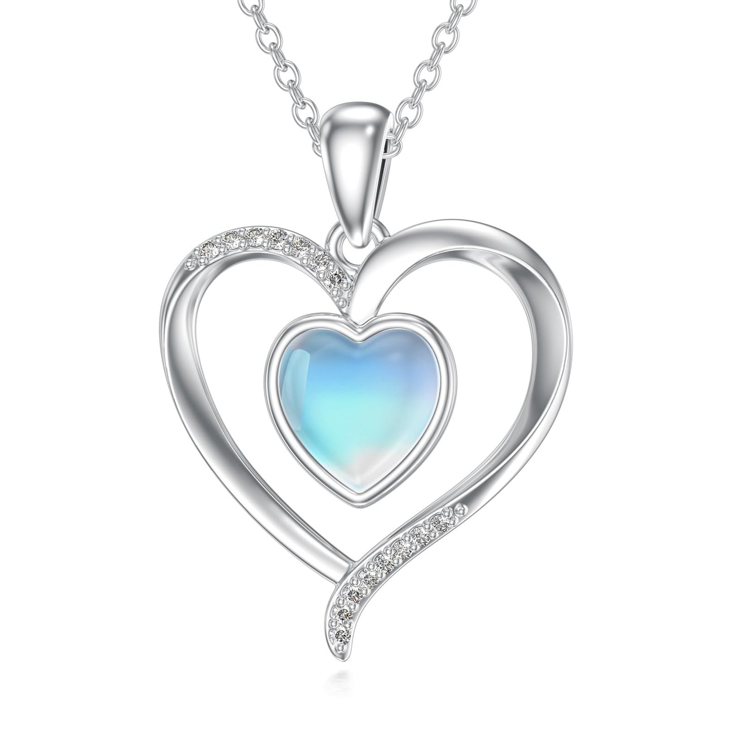 OUTANG Moonstone Heart Necklace for Women 925 Sterling Silver Simple Heart Pendant Ladies Jewelry Gifts
