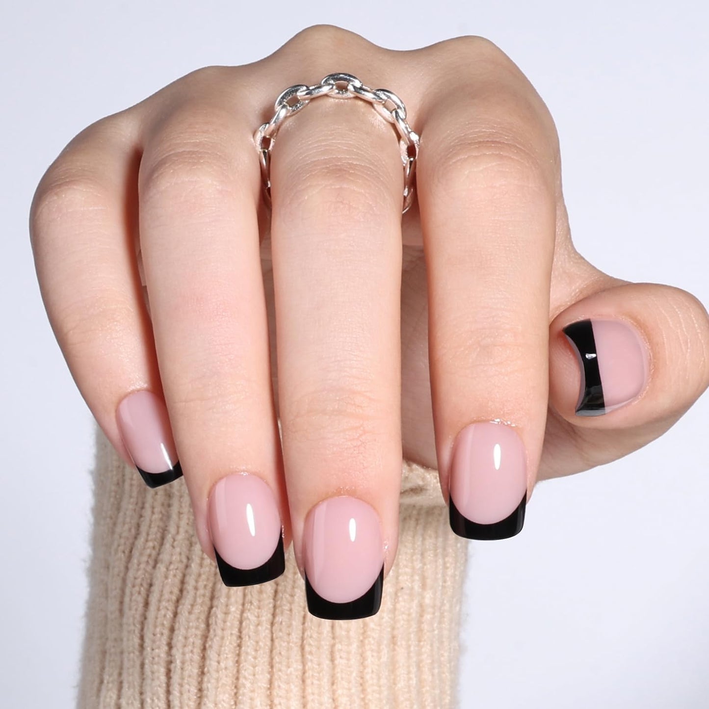 Black French Tip Press On Nails - Black Short Square Fake Nails, French Tip Press On Nails Reusable Stick On Nails in 15 Sizes, 30pcs False Nail Kit for Women & Girls(Bare Eclipse)