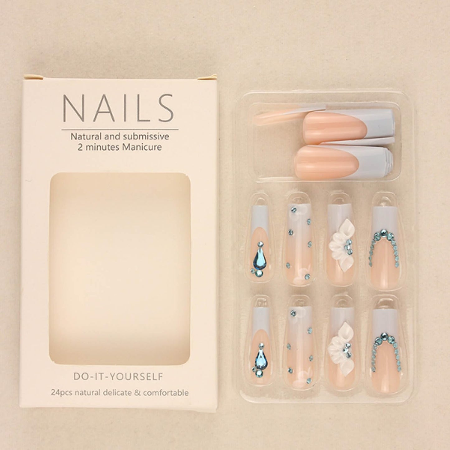 Hkanlre Press on Long Nails Square Blue Fake Nails Tips Full Cover False Gradient 3D Flower Nails for Women and Girls 24PCS