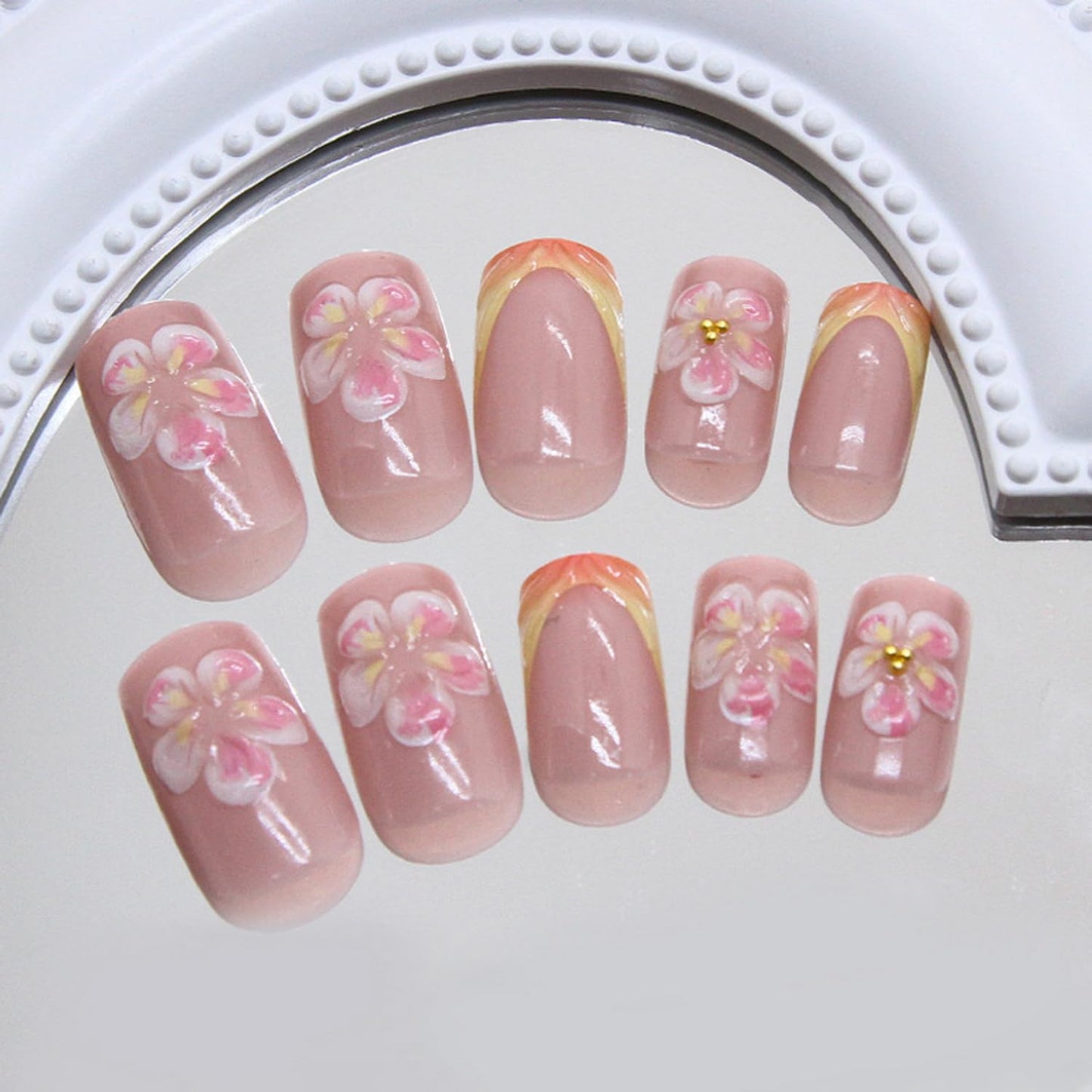 GRITOSE Pink Square Press-On False Nails with 3D Flower Design, 24 Pcs Set, Glossy Finish, Full Cover, Reusable, Summer Nails Art Kit for Women & Girls