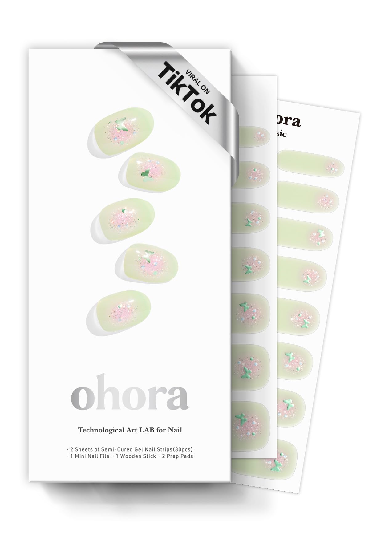 ohora Semi Cured Gel Nail Strips (N Guava Glint) - Works with Any Nail Lamps, Salon-Quality, Long Lasting, Easy to Apply & Remove - Includes 2 Prep Pads, Nail File & Wooden Stick