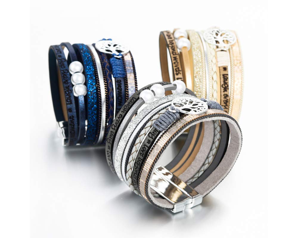 Fesciory Leopard Bracelet for Women, Boho Leather Wrap Multi-Layer Pearl Crystal Bracelet Bangle Jewelry(Tree of Life(Blue))