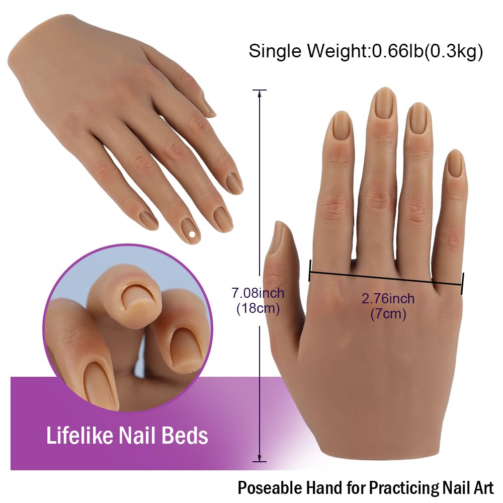 Nail Hand Practice Silicone Female Mannequin Life Size Hand as Sketch Nail Practice Hands Jewelry Ring Glove Watch Display with Nail 18cm (Right hand, Light brown)