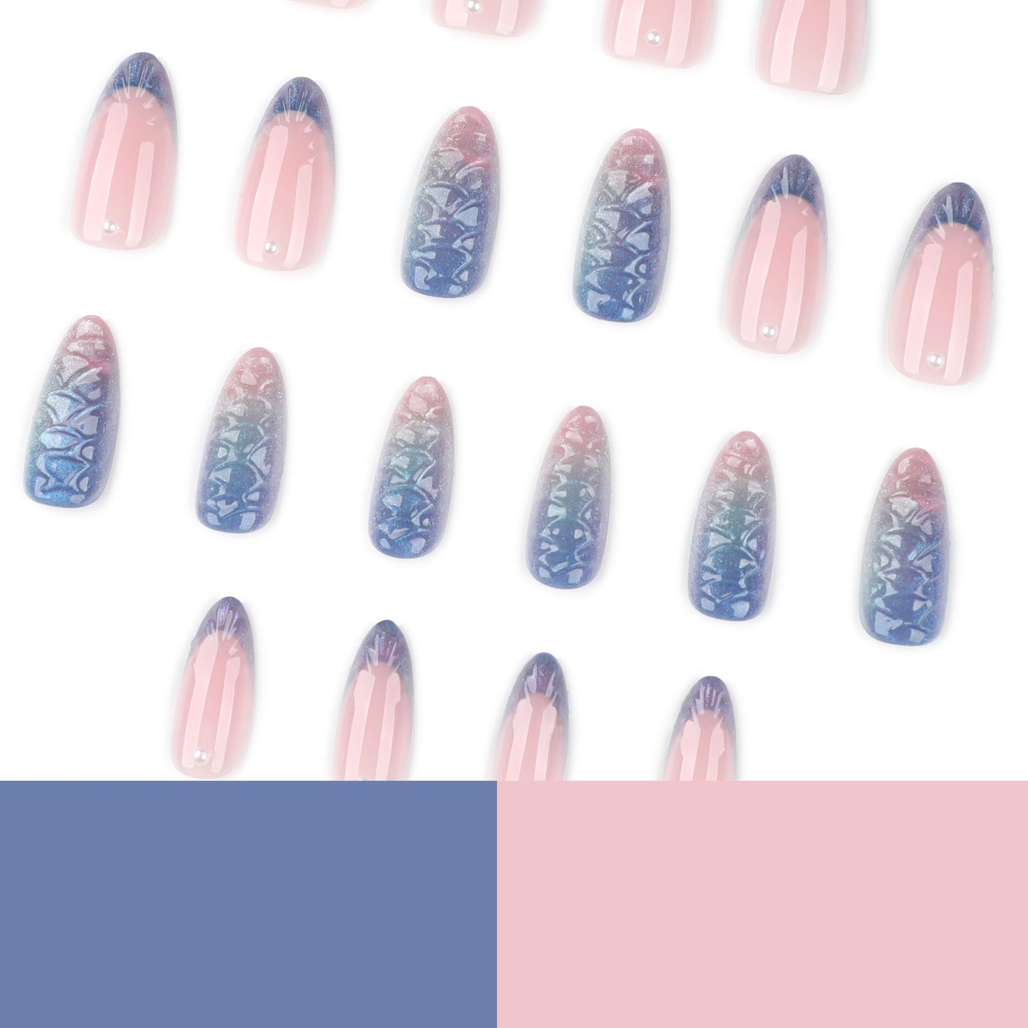 Almond Press On Nails Medium, 24PCS Iridescent 3D Mermaid Scale Acrylic Fake Nails, Gradient Pink Purple Stick On Nails for Women, Reusable Glossy False Nails for Party, Wedding