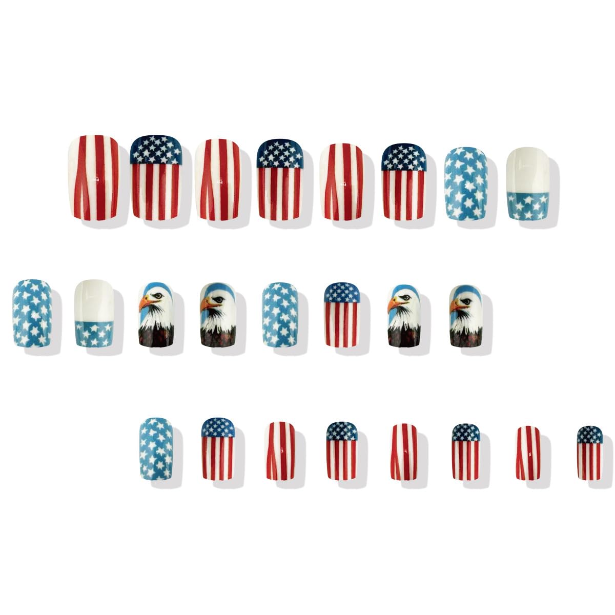 24Pcs Independence Day Fireworks Press on Nails Medium Square 4th of July Stripes Fake Nails Gradient Stars design False Nails Full Cover Stick on Nails Memorial Day for Women Manicure Decoration