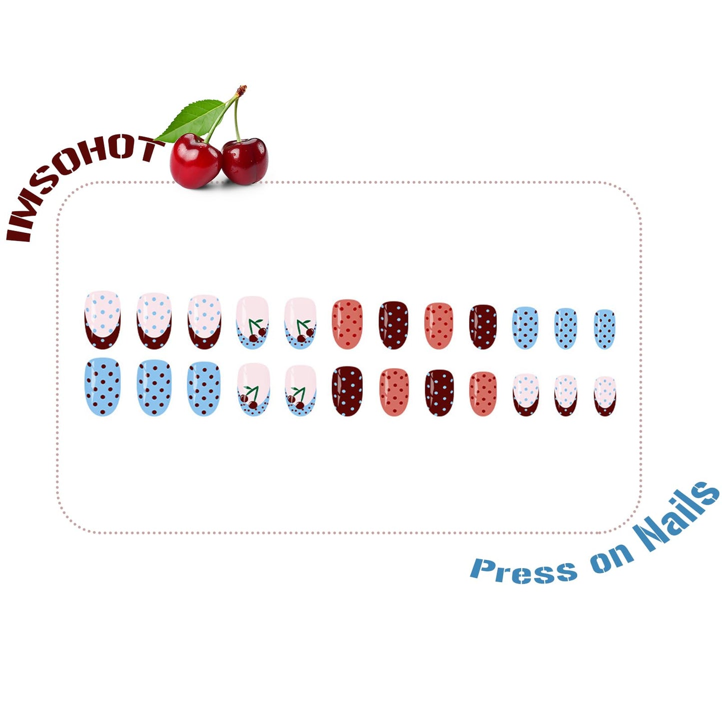 IMSOHOT Press on Nails Short Oval Fake Nails with Cherry, Polka Dot Designs Cute Pink Blue Glossy Full Cover Acrylic False Nails 24Pcs