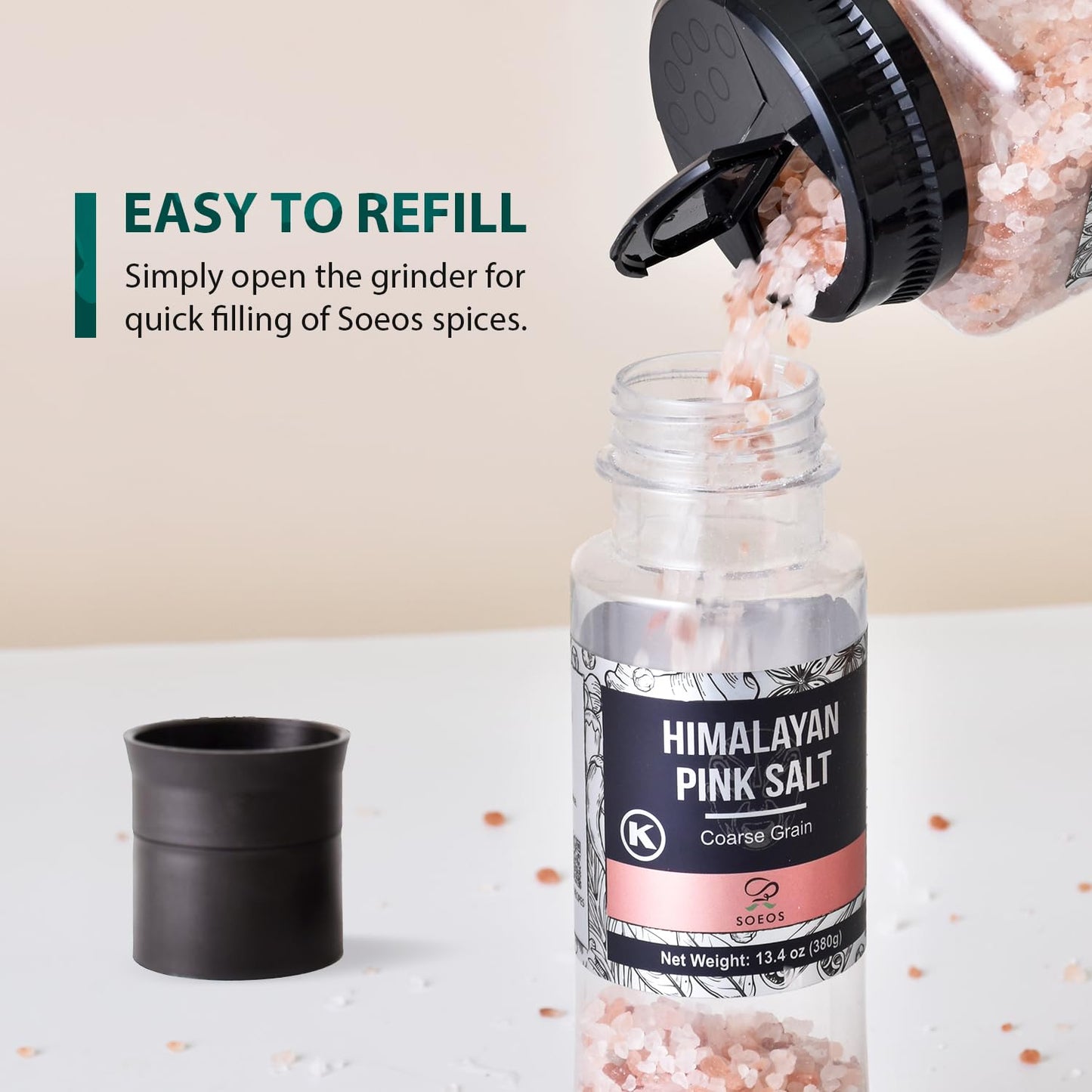 Soeos Whole Black Peppercorns, 6.7oz (190g) and Himalayan Pink Salt, 13.4oz (380g), Plastic Bottle Grinder with Spice Grinder with Salt and Pepper Shaker, Salt and Pepper Set.