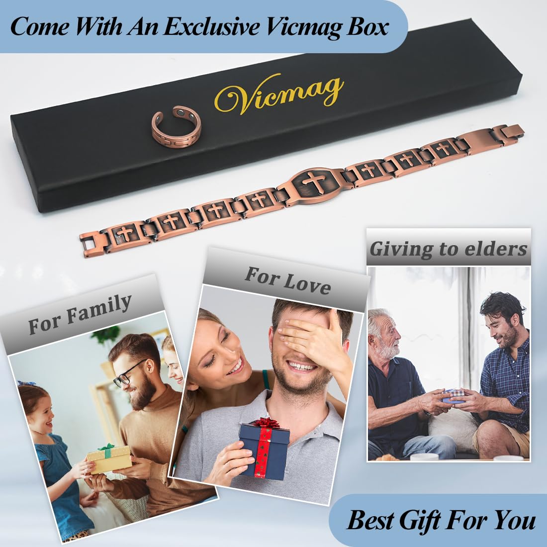 Vicmag Men Copper Bracelet Double Row 100% Solid Pure Copper Jewelry Gift with Adjustment Tool