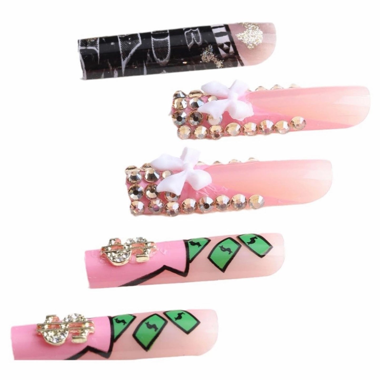 MISUD Press on Nails - Extra Long Square Glue on Nails with French Tip, Acrylic Dollar Money Design 24 pcs