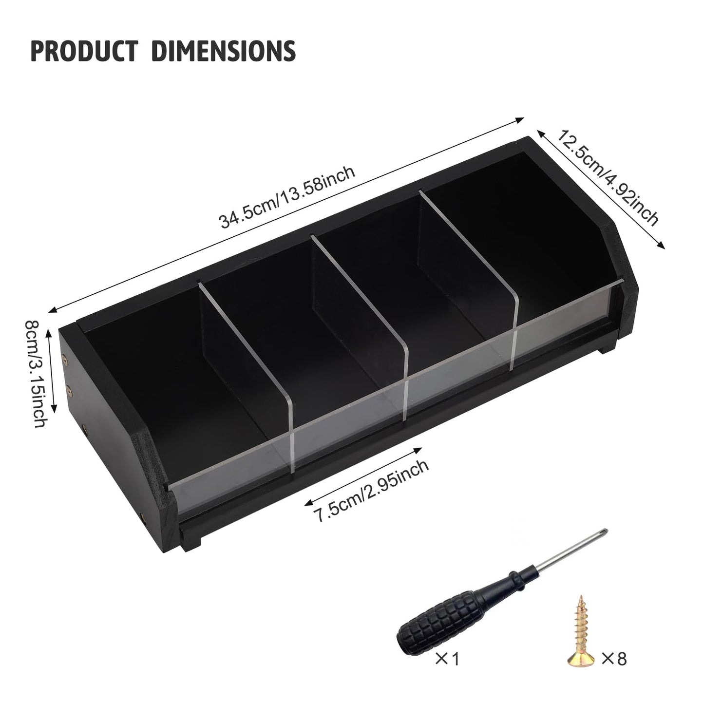 Tea Bag Holder Organizer Box with 4 Compartments, Pine Wood and Acrylic, 13.5 x 4.9 x 3.1 inches for Drawer, Cabinet, Countertop, Tea Tray (Black)