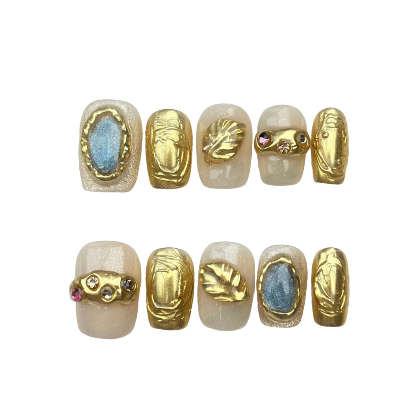 Short Square Press on Nails 3D Flower False Nails with Designs, Glitter Fake Nails Handmade Reusable Manicure Kit (Golden#Medium)