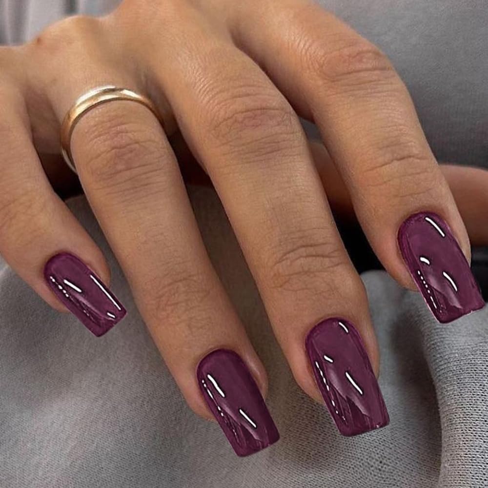 Plum Press On Nails Medium Long Square, Xcreando Medium Coffin Nails Acrylic Press ons Glue on Nails Long Length, Solid Color Fake Nail for Women, Natural Thick Artificial Nail Stick on