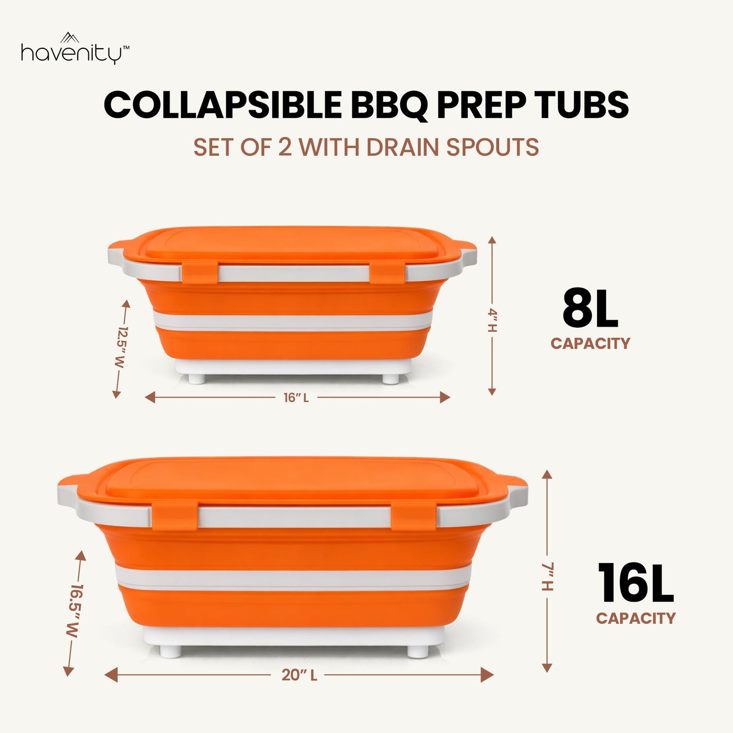 Havenity BBQ Prep Tub 2 Pack (8L+16L) - Multifunctional Collapsible Camping Cutting Board with Upgraded Locking Lid, Meal Prep Meat Storage Container Perfect for Grilling, Outdoor (Large + XL)