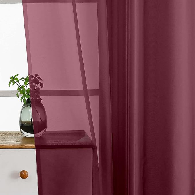 Burgundy Sheer Curtains Tier 30 Inches Length 2 Panels Set, Light Filtering Lightweight Soft Window Treatments Drapes, Cute Elegant Cafe Curtains for Nursery, Dual Rod Pocket, 2x42Wx30L Inches