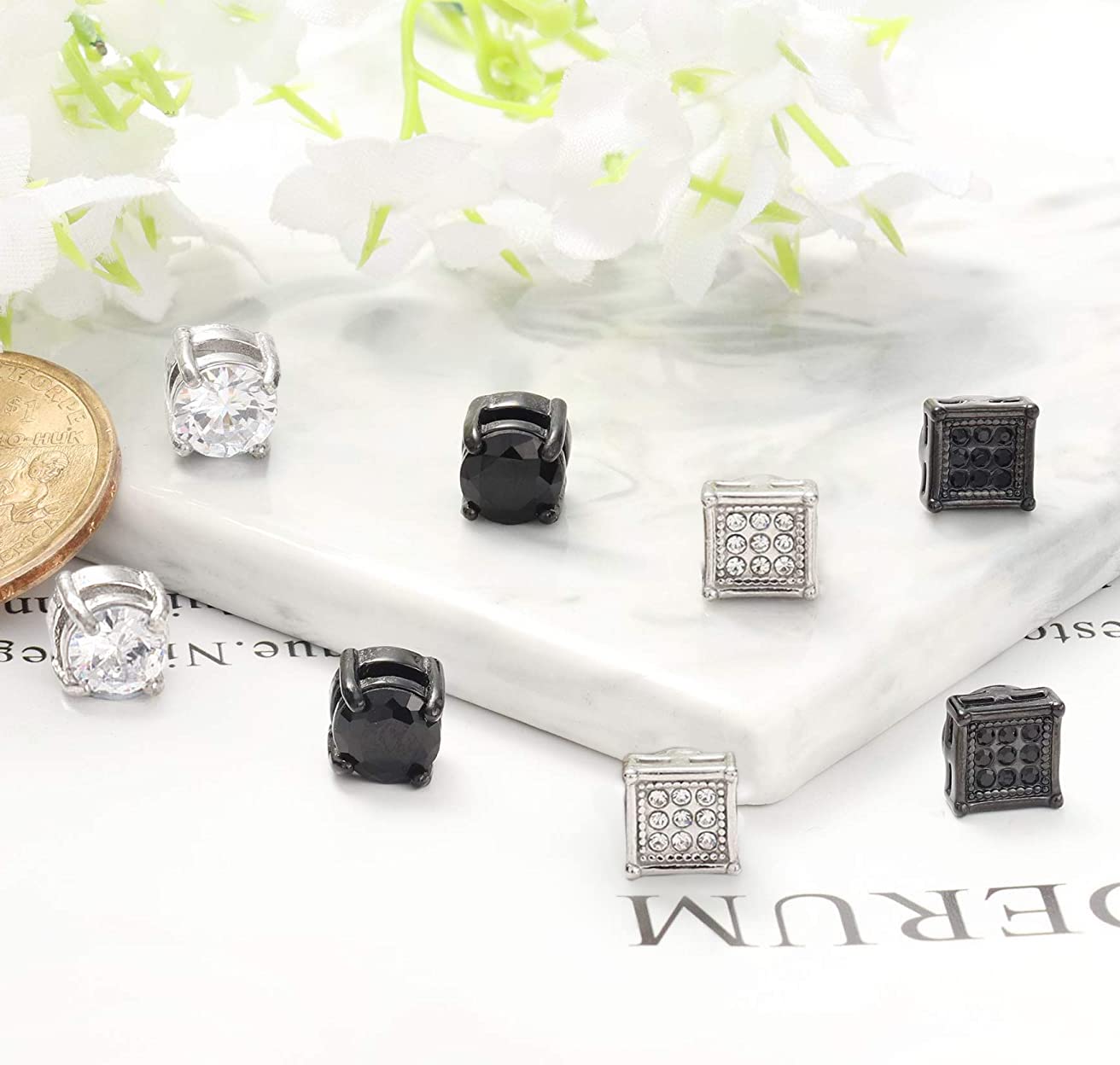 SIISPRI 4 Pairs Stainless Steel Magnetic Stud Earrings for Men Women Non Piercing Clip on CZ Earrings 6MM (4 Pairs a Set,6MMBlack + Silver) (black + silver)