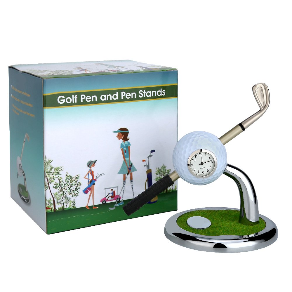 10L0L Golf Pen Holder with Clock Unique GIfts for Men, Mini Desktop Holder, Compatible with Enthusiasts Funny Business Gifts Includes Pen Set of 2 Office Desk Accessories- White