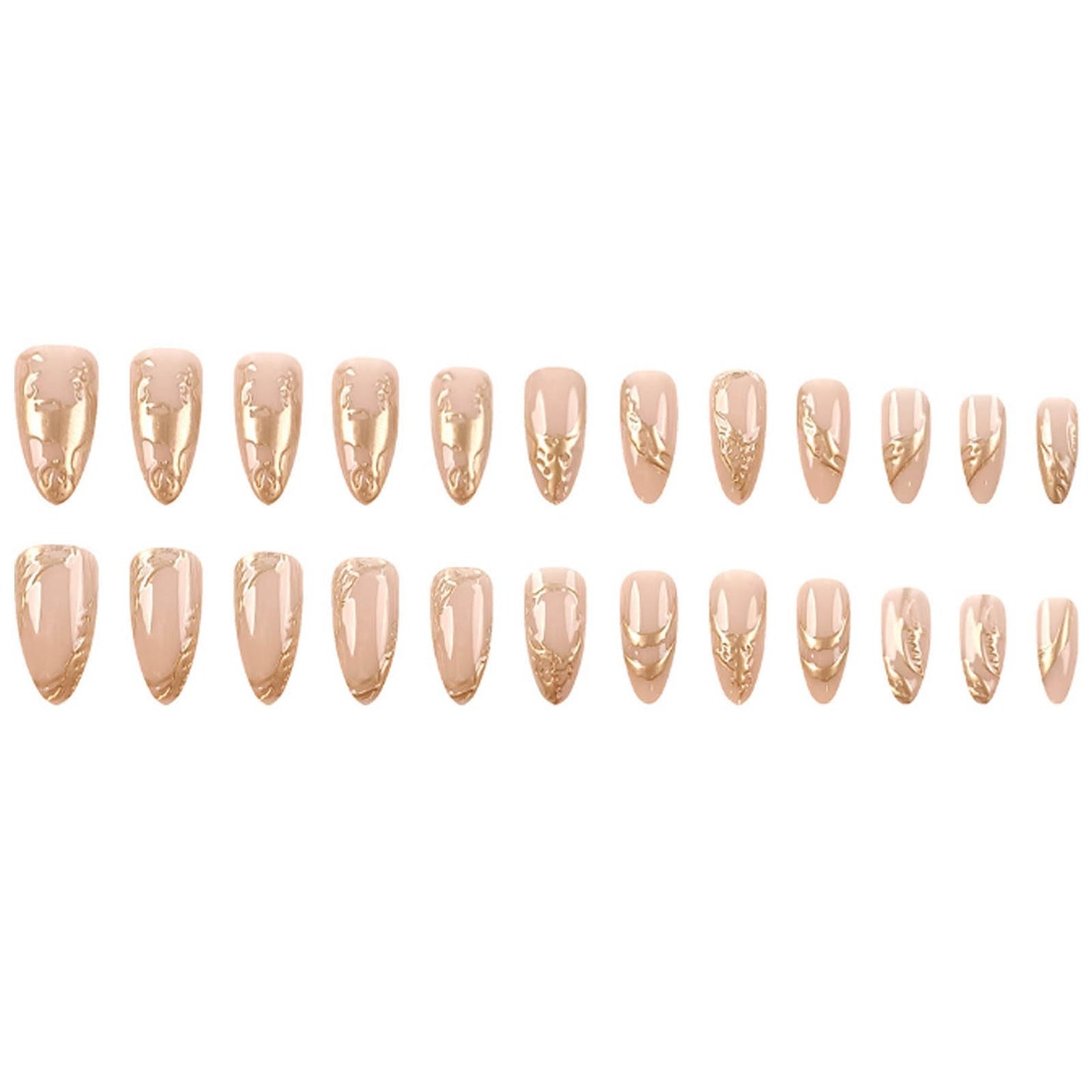 Hkanlre 3D Fake Nails Medium Tips Full Cover Almond Marble False Nude Nails Gold Press on Nails for Women 24PCS