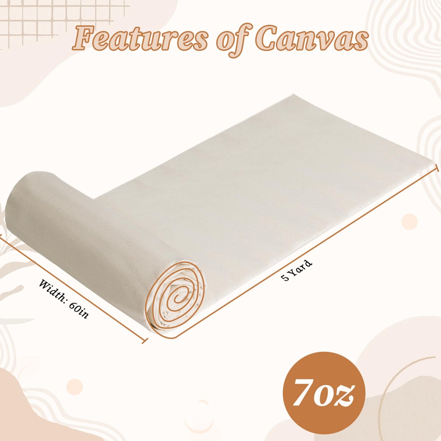 JOSNAAN 60" W Canvas Roll | 7oz Canvas Fabric Cotton Duck | Heavy Natural Fabric for Painting Arts & Crafts, Backings, Covers, Placemats (5 Yards)