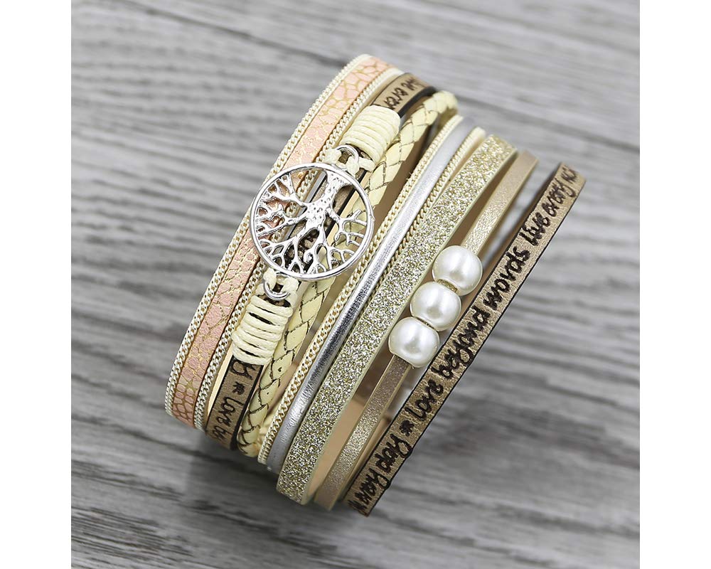 Fesciory Leopard Bracelet for Women, Boho Leather Wrap Multi-Layer Pearl Crystal Bracelet Bangle Jewelry(Tree of Life(Beige))