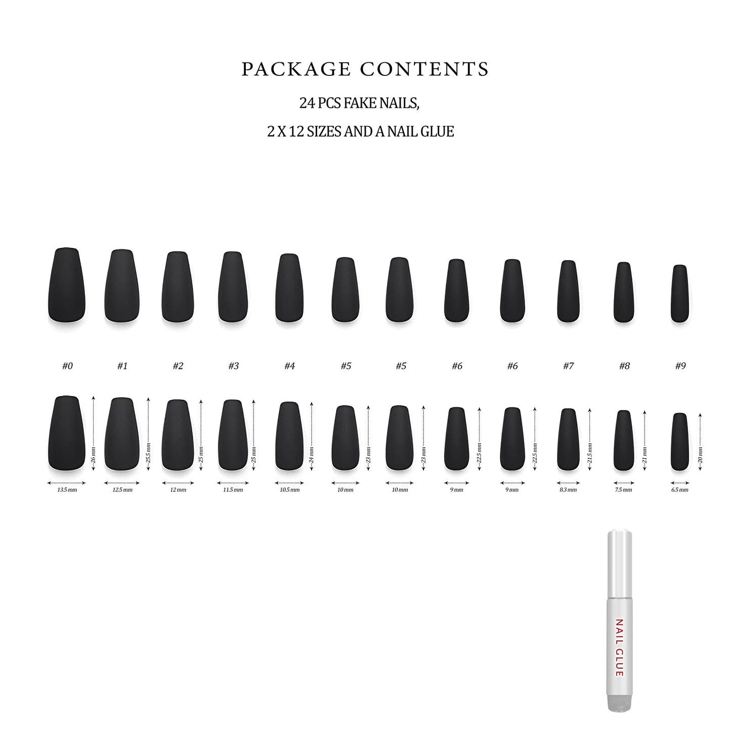 Hypnaughty 24 Pcs Noir Black Matte Luxury Coffin Press on Nails with Glue Medium Long Solid Black Color False Nails (Noir)