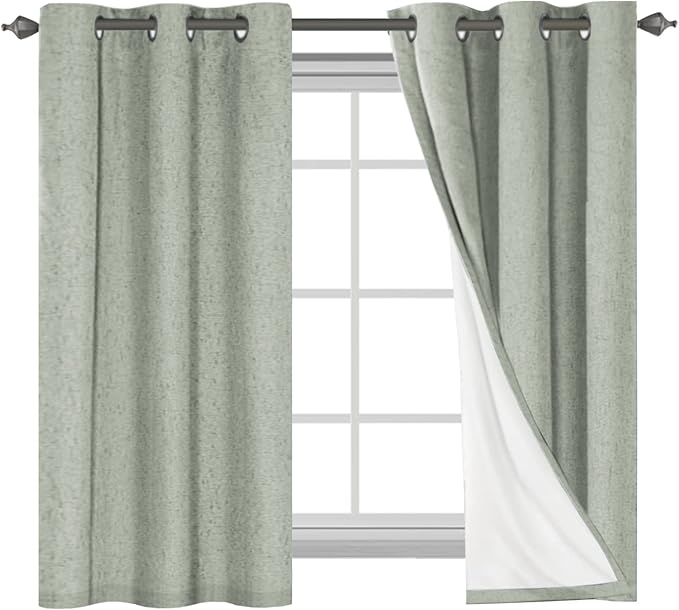 H.VERSAILTEX Primitive Linen Curtains 100% Blackout Curtain Drapes Burlap Fabric Curtains with White Thermal Insulated Liner, Grommet Top Drapes Living Room/Bedroom (2 Panels, 42 x 54 Inch, Sage)