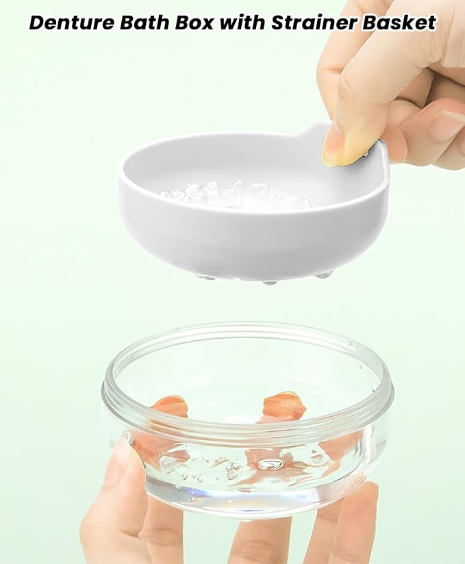 AARAINBOW Retainer Cleaner Denture Case, Leak Proof Denture Bath Box with Strainer Basket, 2 in 1 Retainer Storage Soak Container for Travel, Mouth Guard Cleaning Denture Cup (C White)