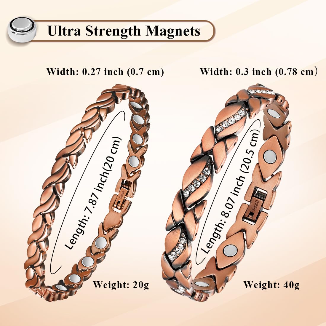 Vicmag 2PCS Copper Magnetic Bracelet for Women 99.9% Solid Pure Copper Strong Magnets Jewelry Gift Adjustable Length