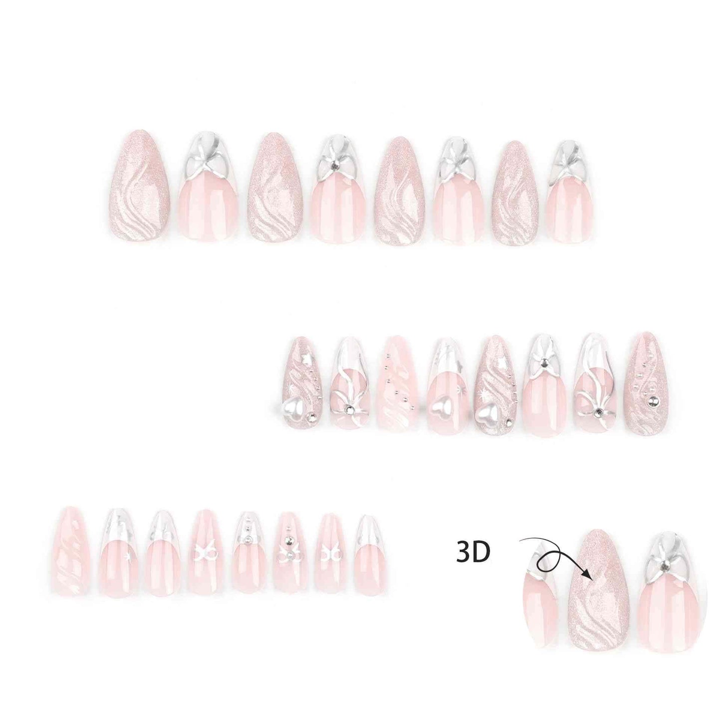 QQPPOLIU Medium Press On Nails Almond Shape with 3D Coat Glue On Nails French Tip Full Cover Nails 24pcs for Women and Girls