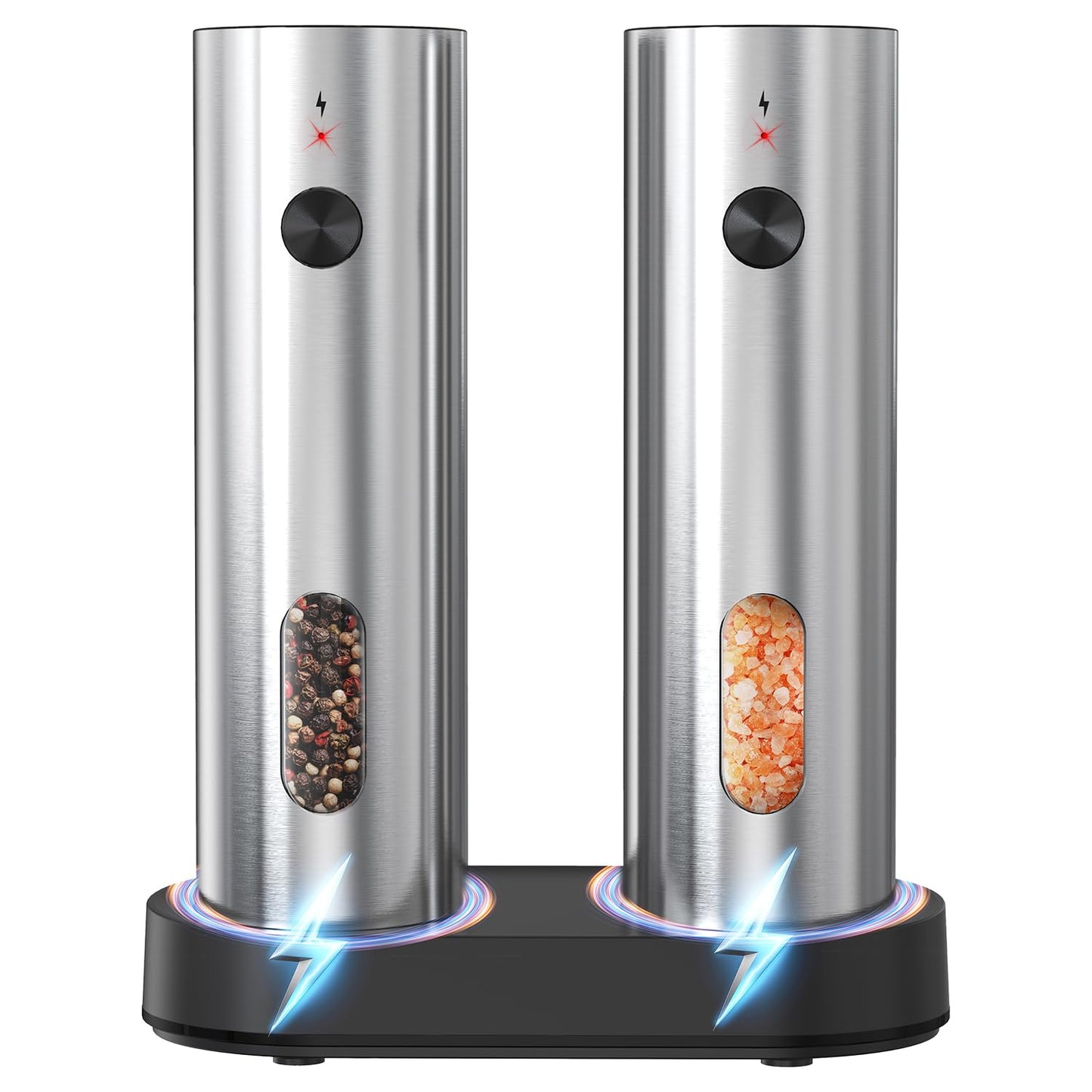 Electric Salt and Pepper Grinder Set with Charging Base,Stainless Steel Automatic Pepper Grinder Set Top-Refill,Flexible Coarsenes,110ml Larger Capacity with LED Light for Home Kitchen (2 pack)