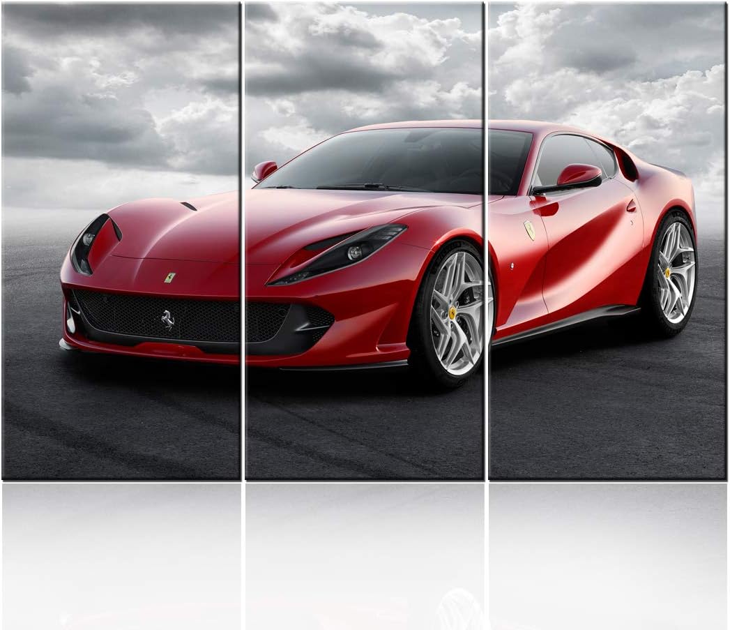 Red Speedy Car Poster Wall Art Sports Car Canvas Prints Red Car and Clouds Cars Picture Print on Canvas 3 Panel Speed Blur Cars Decorations for Boys Room Home Decoration - 40 x 20inch x 3 panels